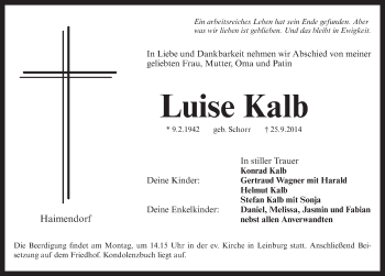 Traueranzeige von Luise Kalb von Pegnitz-Zeitung